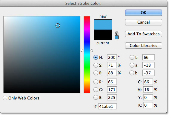 Choosing light blue from the Color Picker in Photoshop. Image © 2012 Photoshop Essentials.com.