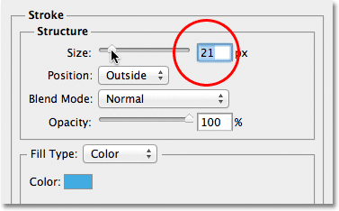 Increasing the Size value for the Stroke layer effect in Photoshop. Image © 2012 Photoshop Essentials.com.