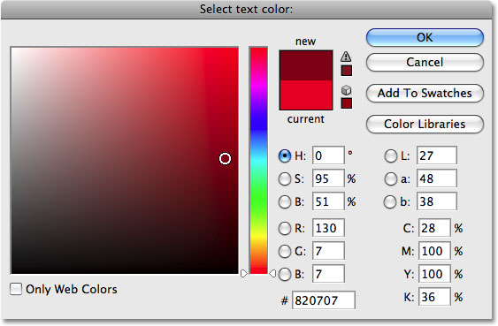 Choosing a darker color in the Color Picker. Image &copy; 2009 Photoshop Essentials.com
