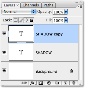A copy of the text layer appears in the Layers palette in Photoshop. Image &copy; 2009 Photoshop Essentials.com