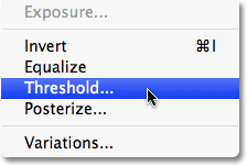 Selecting the Threshold image adjustment in Photoshop. Image © 2009 Photoshop Essentials.com.