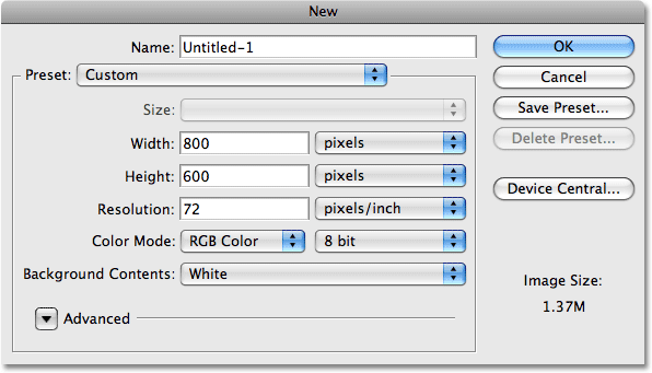 The New Document dialog box in Photoshop. Image © 2009 Photoshop Essentials.com.