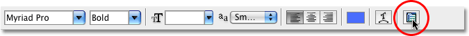 The Character and Paragraph palette toggle icon in the Options Bar in Photoshop. Image © 2009 Photoshop Essentials.com.