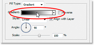 Adobe Photoshop Text Effects: The Fill Type options change to options for the gradient.