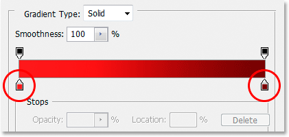 Adobe Photoshop Text Effects: Choosing new colors for the stroke gradient in the Gradient Editor.