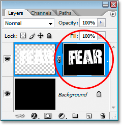 Adobe Photoshop Text Effects: The Layers palette showing the layer mask to the right of the merged layer's thumbnail.