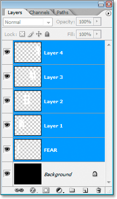 Adobe Photoshop Text Effects: Selecting all the text layers in the Layers palette.