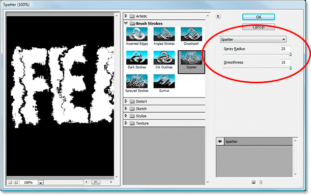 Adobe Photoshop Text Effects: Photoshop's Filter Gallery set to the Spatter filter options.
