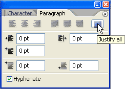 Adobe Photoshop Text Effects: Selecting the 'Justify All' option in the Paragraph palette