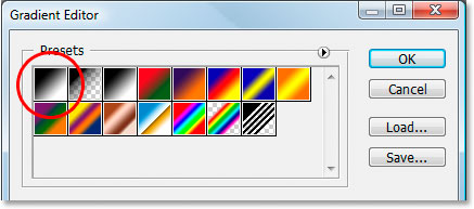 Photoshop Text Effects: Select the black to white gradient in the top left