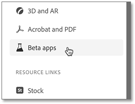 Selecting the Beta apps category in the Creative Cloud Desktop app.