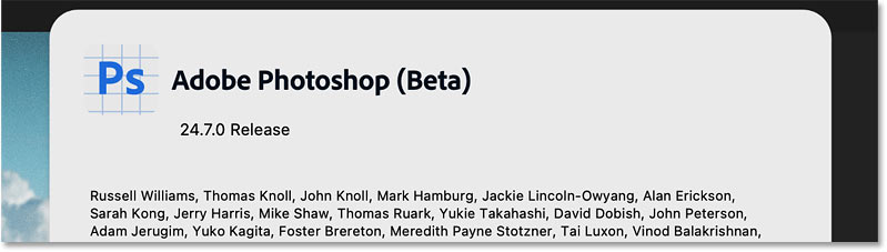 The About screen confirms that the Photoshop beta is running.